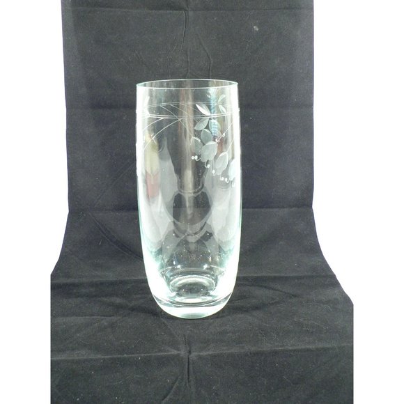 Vase Etched Cylinder Clear Crystal Floral Design Vintage 10.75" - Picture 2 of 13